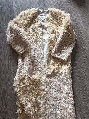 STAND STUDIO vintage style long Two-Tone Faux Fur Coat in Cream